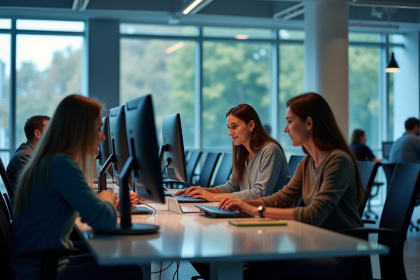 Étudiants en informatique collaborant devant des ordinateurs modernes
