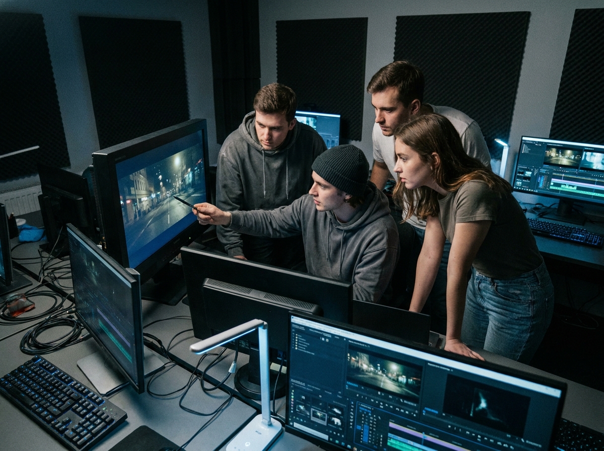 Groupe d'étudiants en montage vidéo autour d'un écran dans une salle de post-production d'école de cinéma