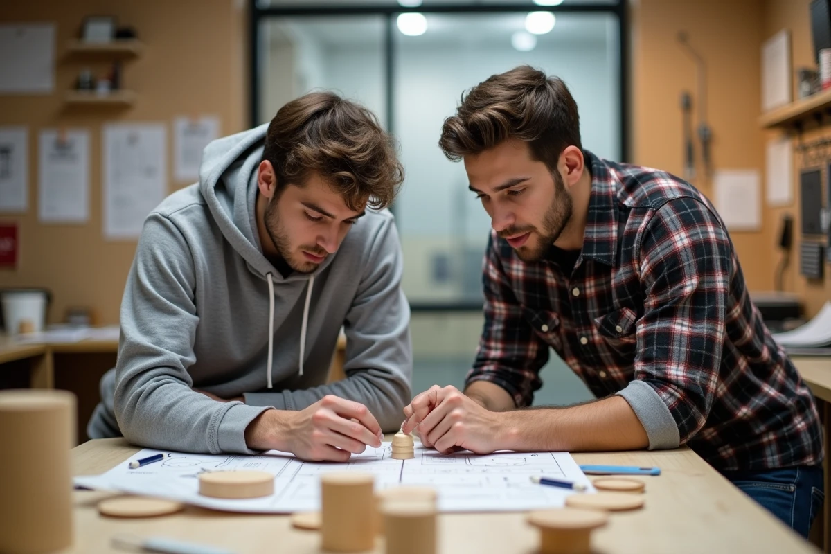 Deux étudiants en design examinant un prototype imprimé en 3D dans un espace de fabrication d'une académie d'innovation