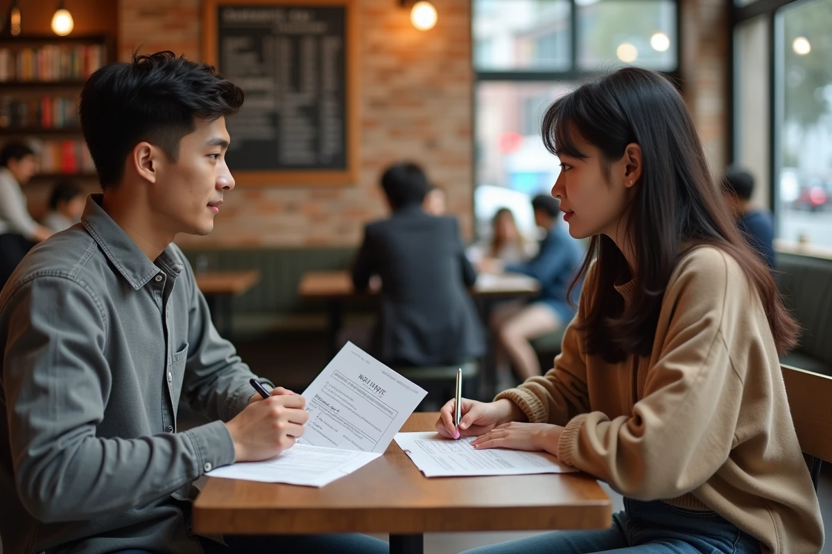 Deux étudiants révisant ensemble des exercices de compréhension orale TOEIC dans un café