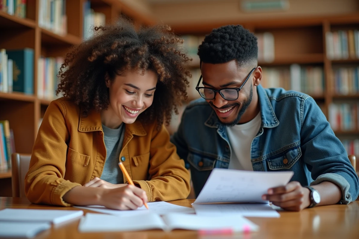Deux étudiants universitaires analysant ensemble les résultats d'un test de QI standardisé en bibliothèque