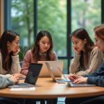 Groupe d'étudiants universitaires en bibliothèque moderne