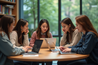 Groupe d'étudiants universitaires en bibliothèque moderne
