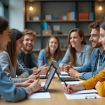 Groupe d'étudiants universitaires en discussion collaborative