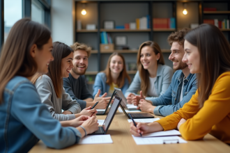 Groupe d'étudiants universitaires en discussion collaborative