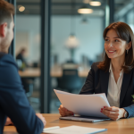 Femme d affaires en costume échangeant un dossier avec un collègue au bureau