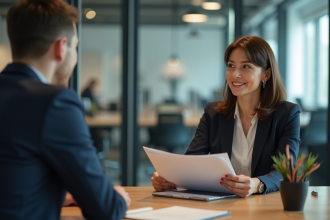 Femme d affaires en costume échangeant un dossier avec un collègue au bureau