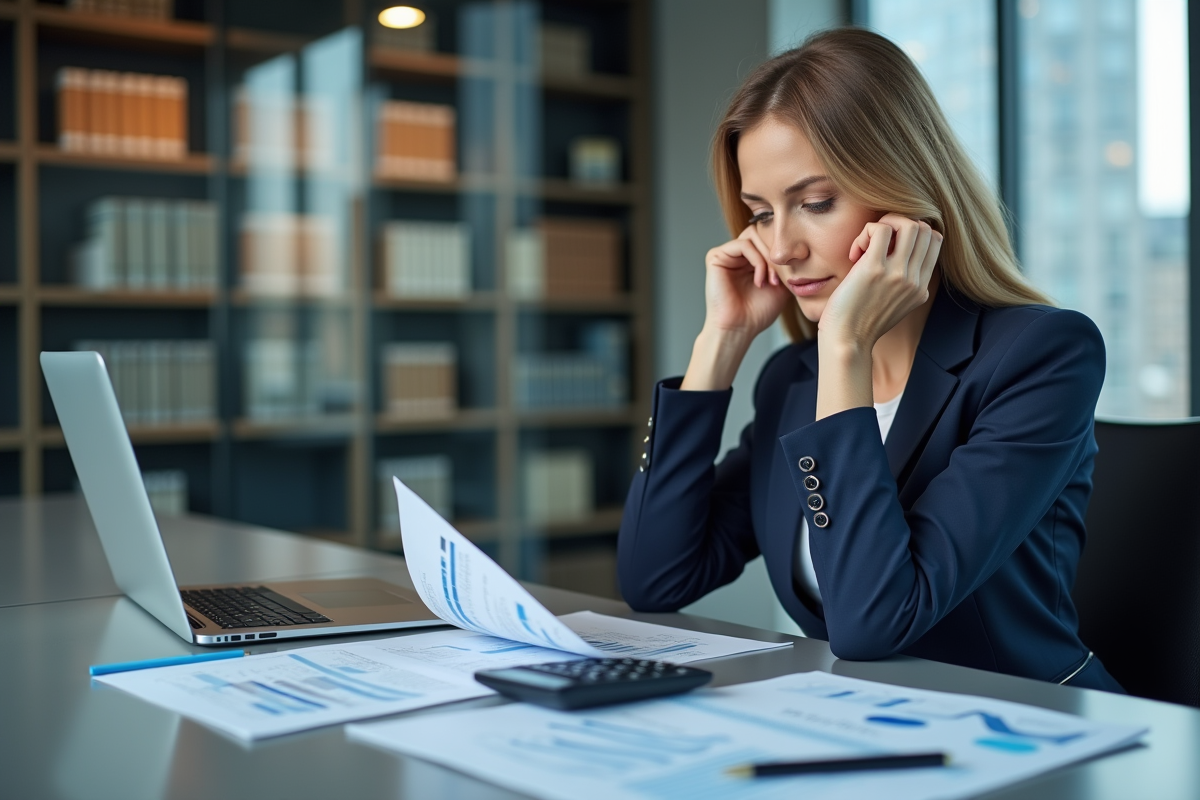 Femme d'affaires en costume bleu analysant des rapports financiers