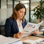 Femme d'affaires analysant les nouveaux tarifs du magazine Zoneformationbusiness.fr dans un bureau moderne