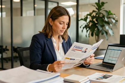 Femme d'affaires analysant les nouveaux tarifs du magazine Zoneformationbusiness.fr dans un bureau moderne