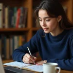 Jeune femme apprenant l'arabe sur un ordinateur portable avec un cahier de notes manuscrites en arabe posé sur un bureau en bois