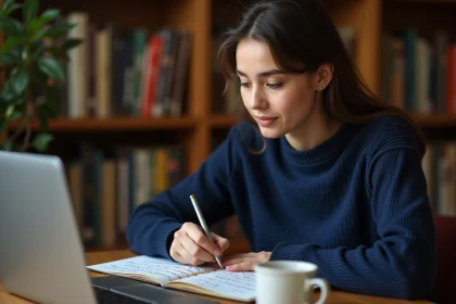Jeune femme apprenant l'arabe sur un ordinateur portable avec un cahier de notes manuscrites en arabe posé sur un bureau en bois