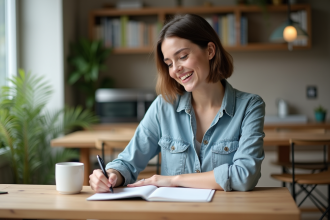 Jeune femme souriante écrit des mots étrangers dans un carnet