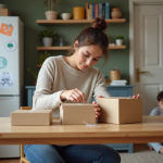 Femme en train d'assembler des petits cartons dans un appartement moderne
