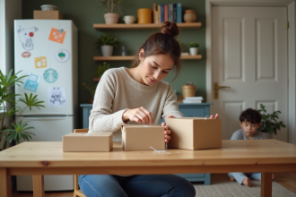 Femme en train d'assembler des petits cartons dans un appartement moderne