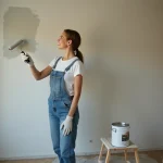Femme rénovant un appartement en peignant un mur gris avec un rouleau, ambiance bricolage DIY à petit budget