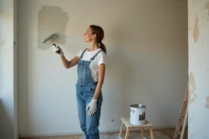 Femme rénovant un appartement en peignant un mur gris avec un rouleau, ambiance bricolage DIY à petit budget