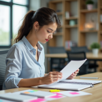 Jeune femme au bureau évaluant des formulaires