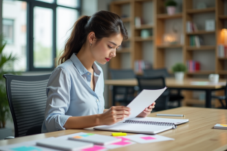 Jeune femme au bureau évaluant des formulaires