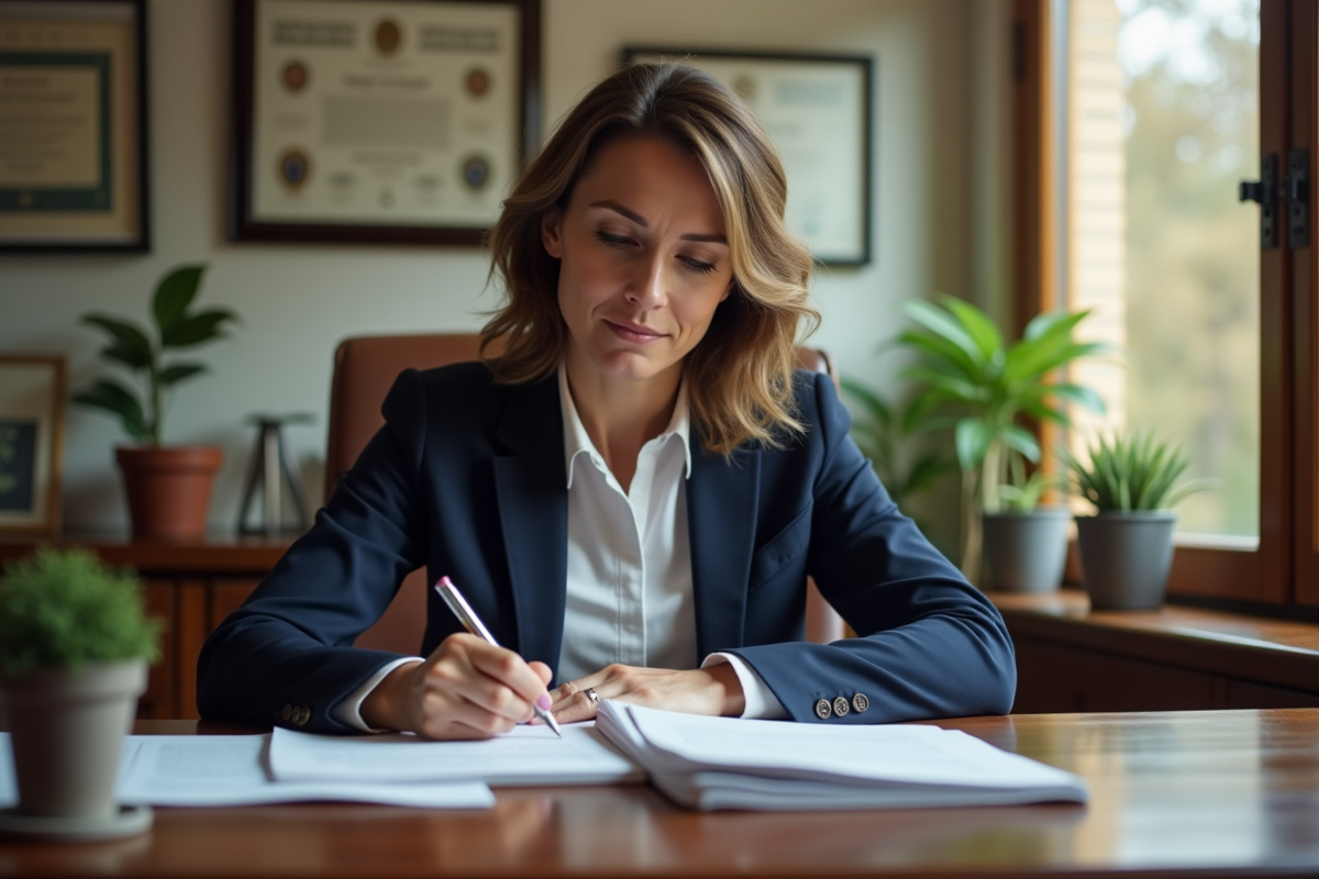 Femme en costume dans son bureau à la maison