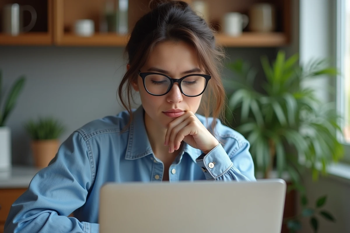 Femme concentrée sur son ordinateur dans un intérieur moderne