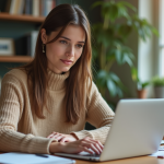 Jeune femme en bureau moderne travaillant sur son ordinateur