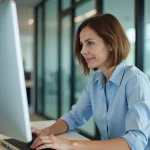 Femme professionnelle travaillant sur son ordinateur dans un bureau moderne