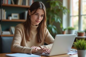 Jeune femme en bureau moderne travaillant sur son ordinateur