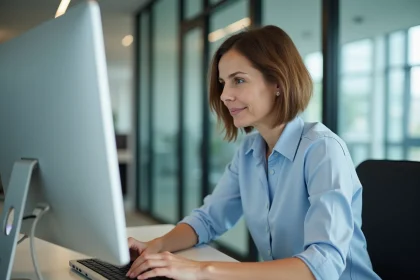 Femme professionnelle travaillant sur son ordinateur dans un bureau moderne