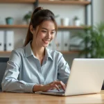 Jeune femme au bureau utilisant un ordinateur portable