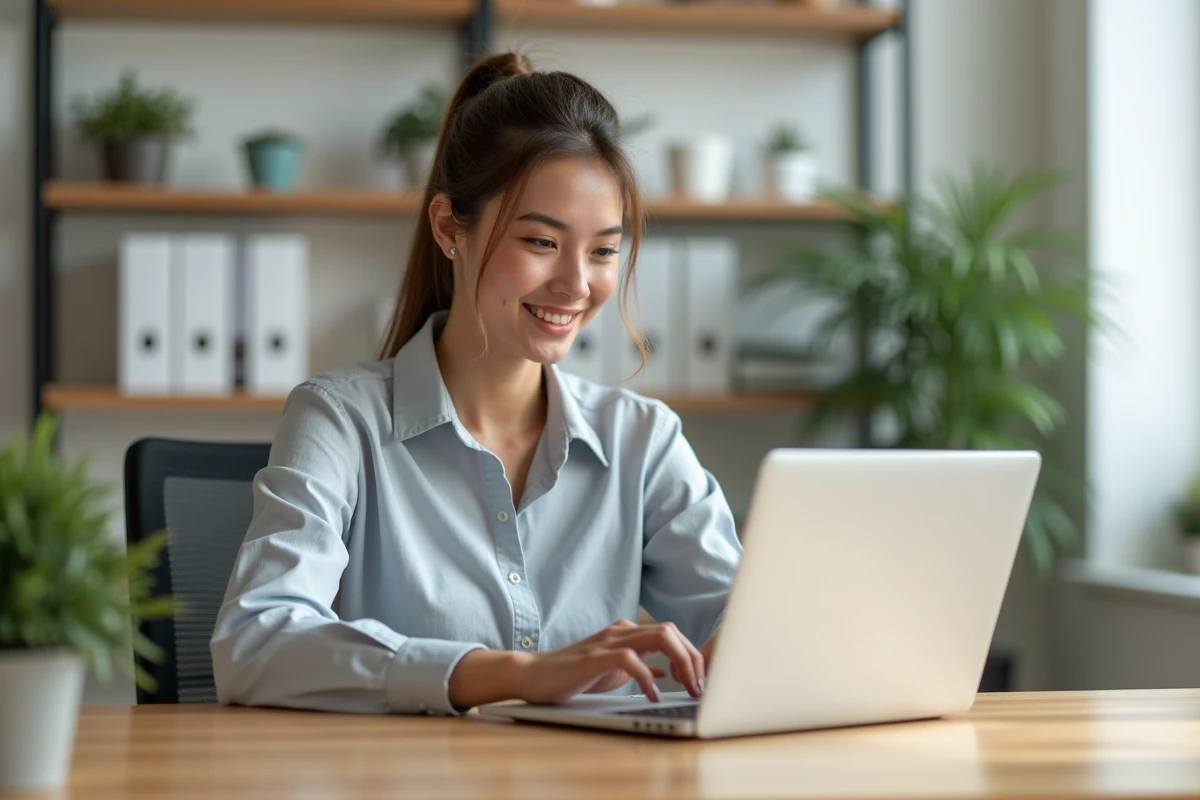 Jeune femme au bureau utilisant un ordinateur portable