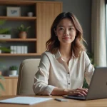 Jeune femme au bureau avec ordinateur et tablette