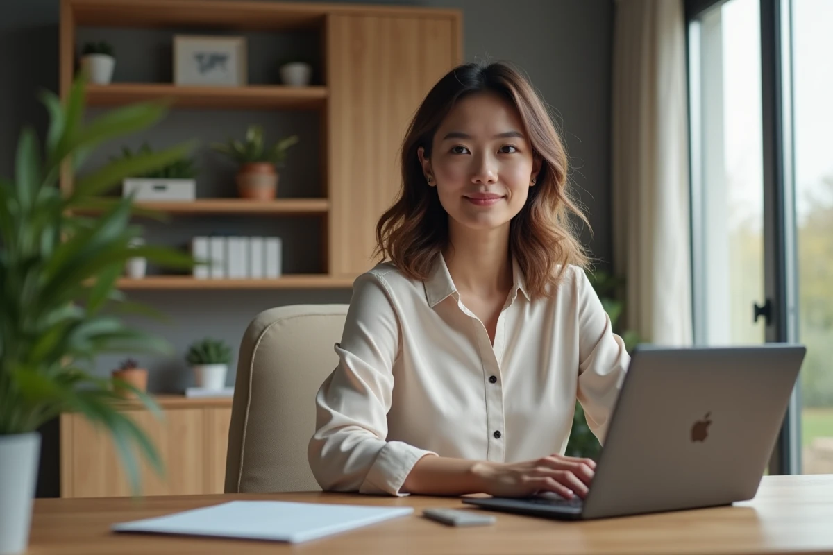 Jeune femme au bureau avec ordinateur et tablette