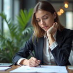 Femme concentrée esquissant un plan d'affaires dans un bureau moderne