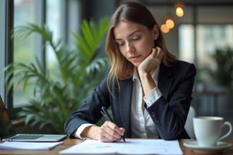 Femme concentrée esquissant un plan d'affaires dans un bureau moderne