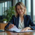 Femme en bureau moderne examinant un portfolio professionnel