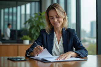 Femme en bureau moderne examinant un portfolio professionnel
