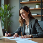 Femme d'affaires au bureau en pleine concentration