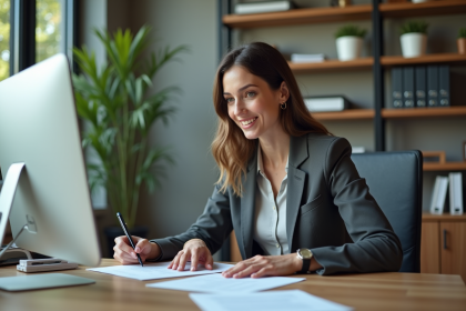 Femme d'affaires au bureau en pleine concentration