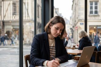 Femme pensante dans un café de Caen avec architecture normande
