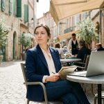 Jeune femme en blazer dans un café de Montauban