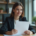 Femme souriante tenant un certificat dans un bureau moderne