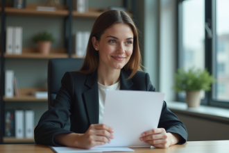 Femme souriante tenant un certificat dans un bureau moderne