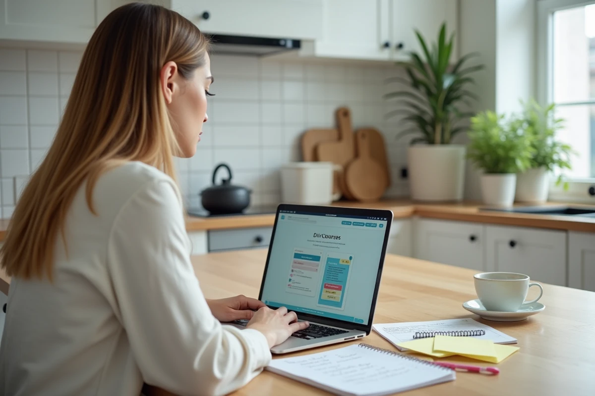 Femme comparant des formations bricolage en ligne sur un ordinateur portable à la maison