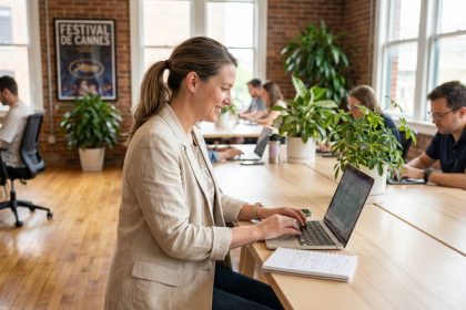 Femme en coworking souriante et concentrée
