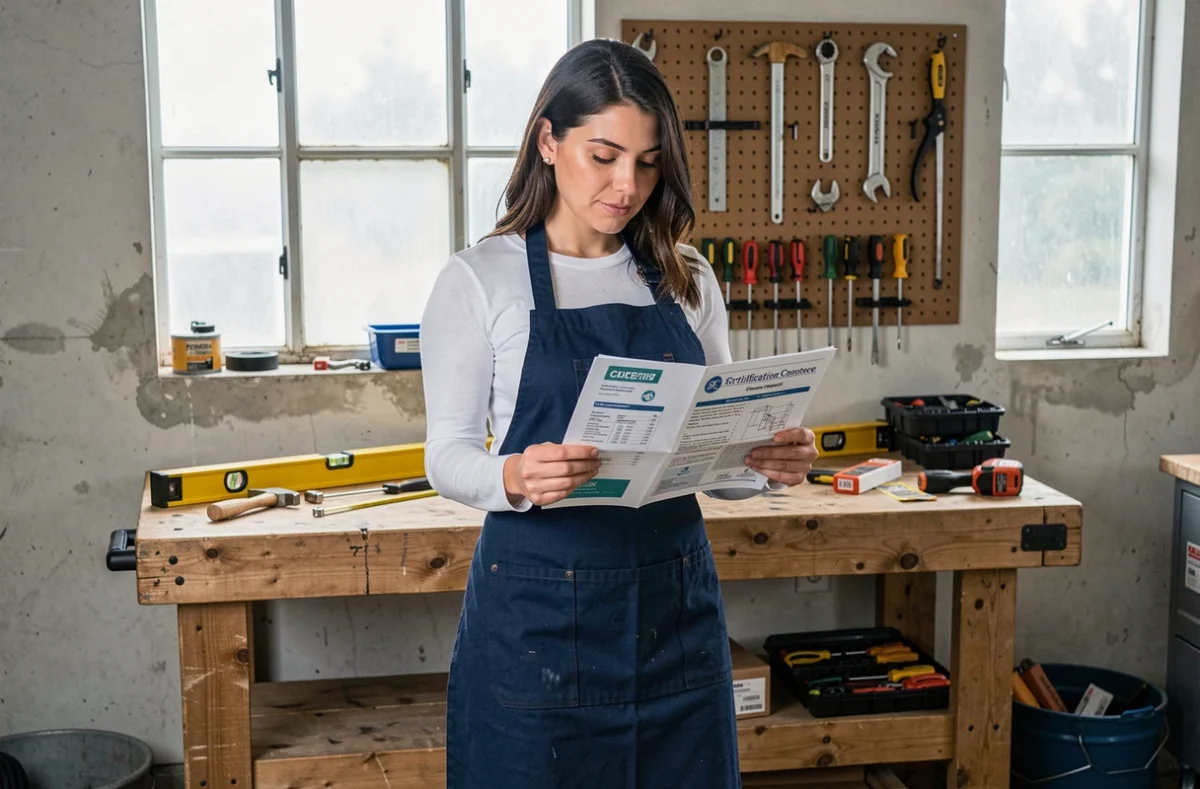Femme débutante lisant des documents de formation bricolage certifiante dans un atelier de garage équipé