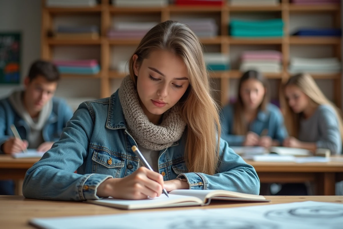 Étudiante dessinant dans un atelier lumineux avec textiles et livres