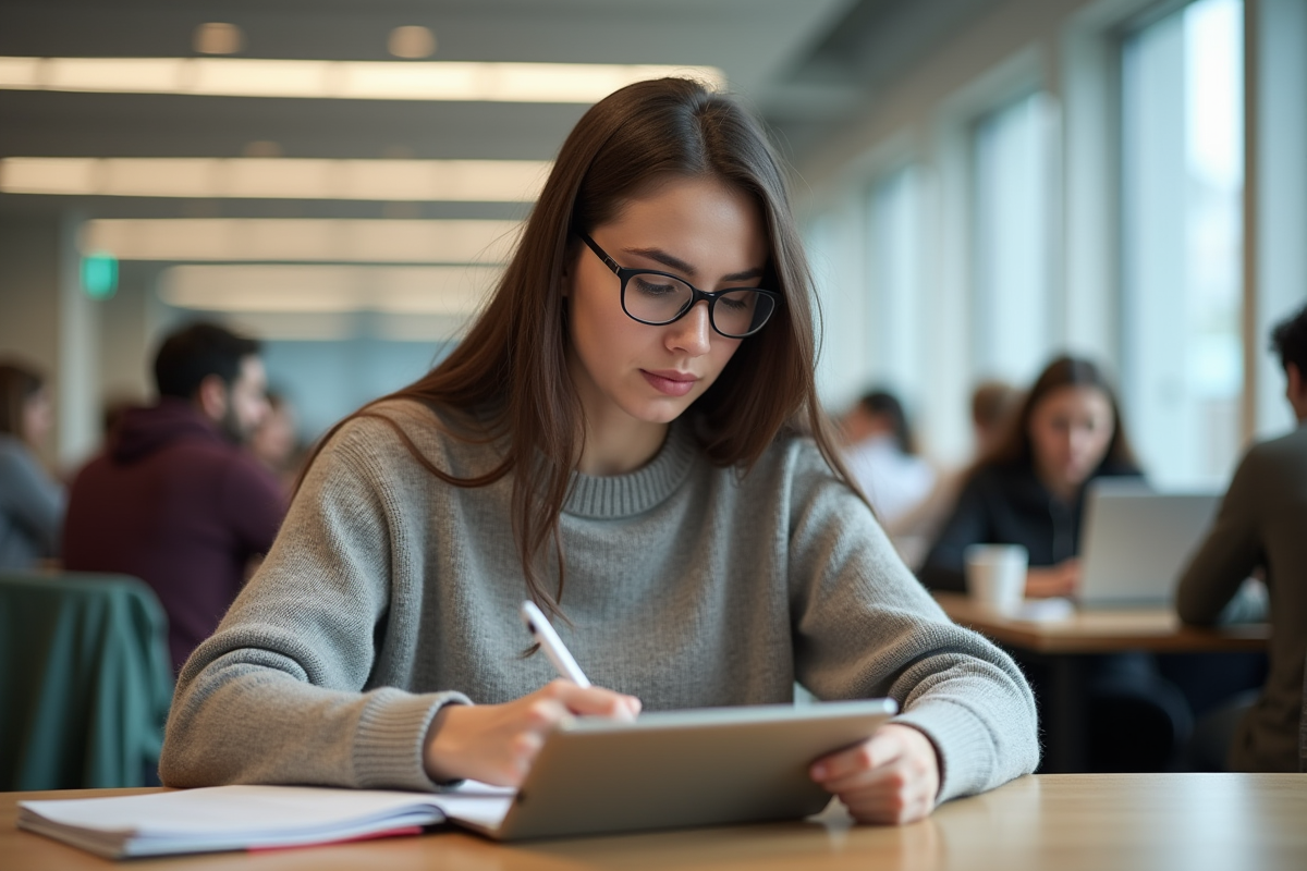 Jeune femme prenant des notes avec une tablette dans une salle d
