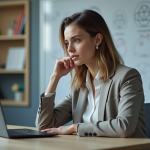 Jeune femme en bureau regardant formation AI sur laptop