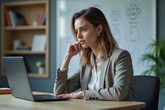 Jeune femme en bureau regardant formation AI sur laptop